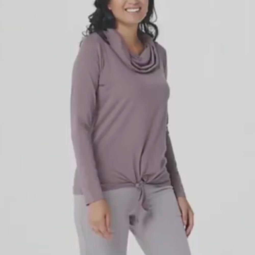 AnyBody Cozy Knit Jersey Cowl Neck Tie Front Top